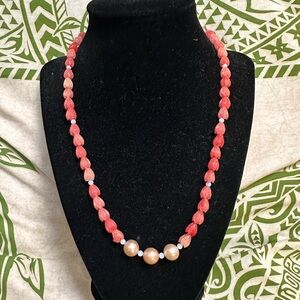 Coral Pink Pikake Flower & Edison Pearl Necklace w/.925 SS Handmade in Maui N65.